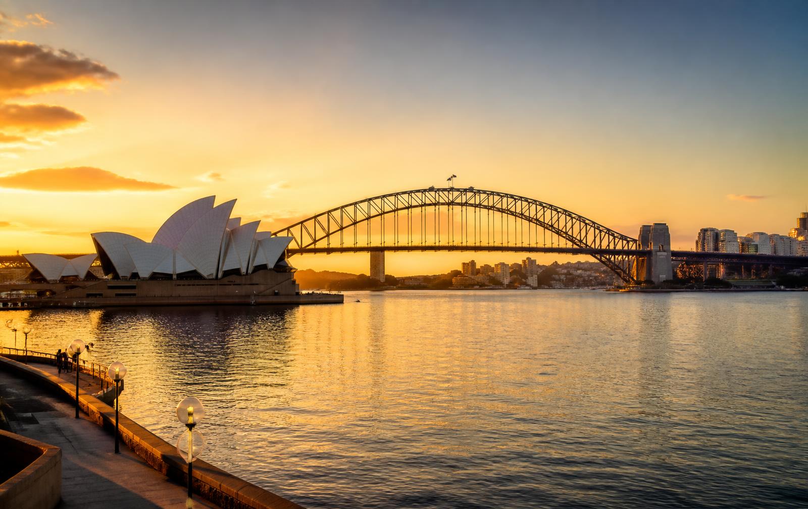 Sydney Harbour, the Opera House and Harbour Bridge at golden hour — study in Australia from Dubai