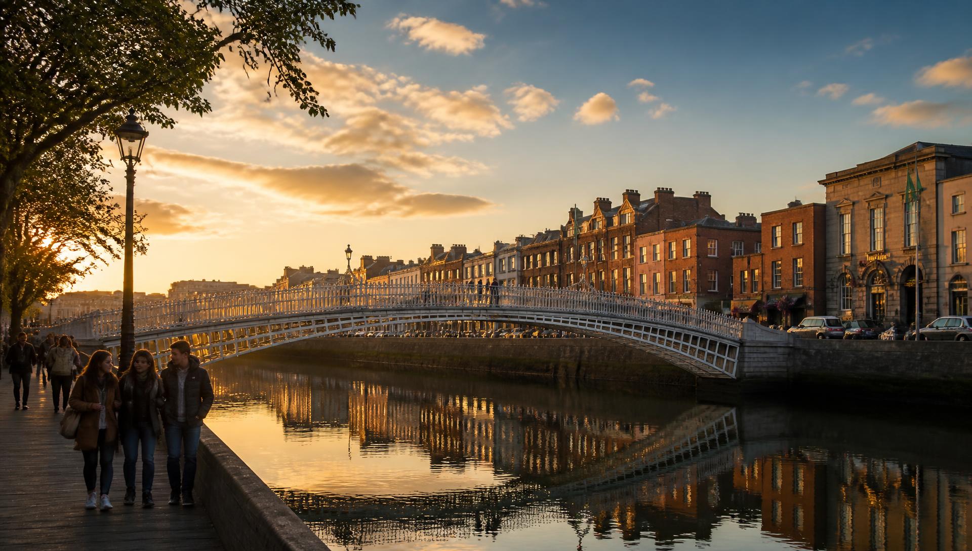 Ha'penny Bridge over the River Liffey in Dublin at golden hour — study in Ireland from the UAE