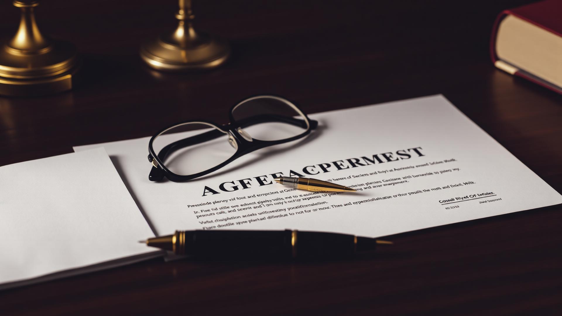 Signed agreement document with a pen and reading glasses on a desk