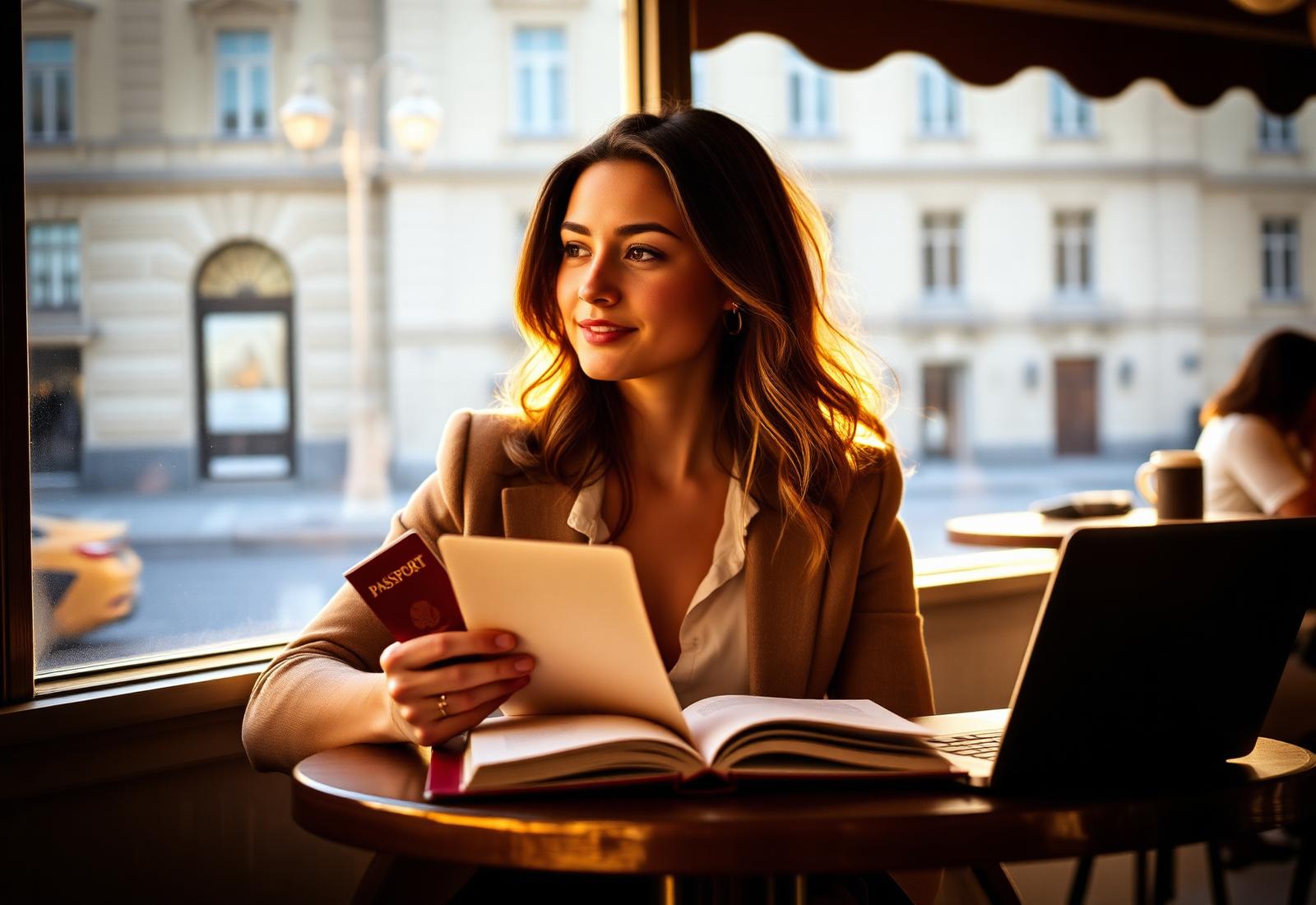 Student researching study-abroad options with a passport and laptop