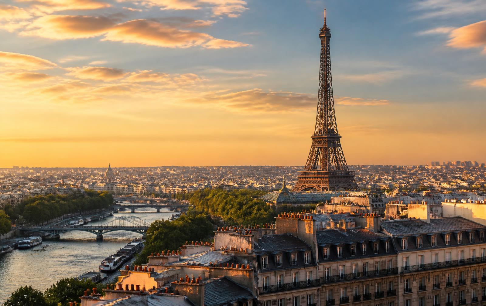 The Eiffel Tower and the Seine at golden hour &mdash; Schengen visa from Dubai
