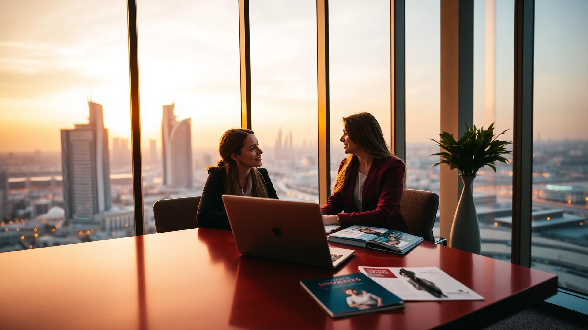 Stanford Global counsellor meeting a student at the Dubai office at golden hour