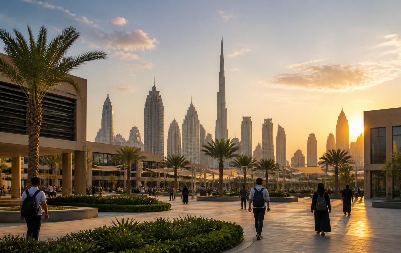 Modern university campus in the UAE at golden hour with the Dubai skyline behind